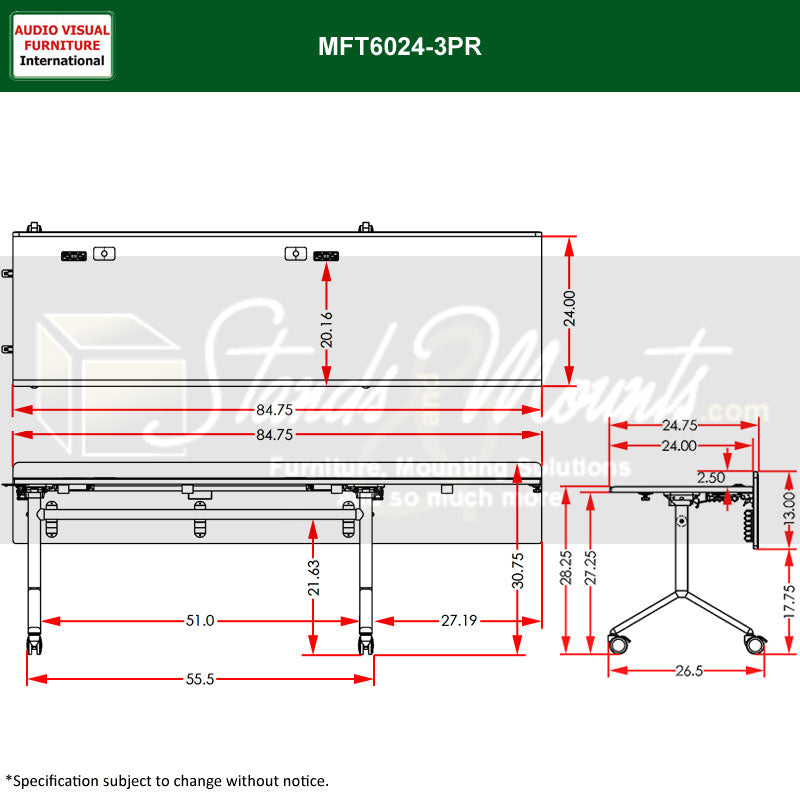 Audio Visual Furniture Modular Folding Table (3 Person, Right) MFT6024-3PR