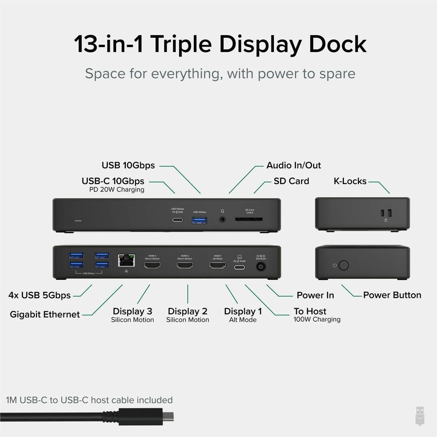 Plugable 13-in-1 USB-C Triple Monitor Laptop Docking Station with 100W Charging, 20W