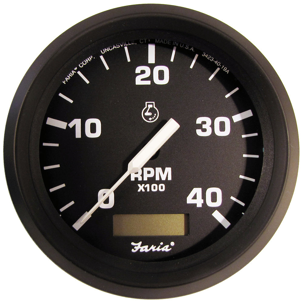 Faria Euro Black 4" Tachometer w/Hourmeter (4000 RPM) (Diesel)(Mech. Takeoff &amp; Var. Ratio Alt.)