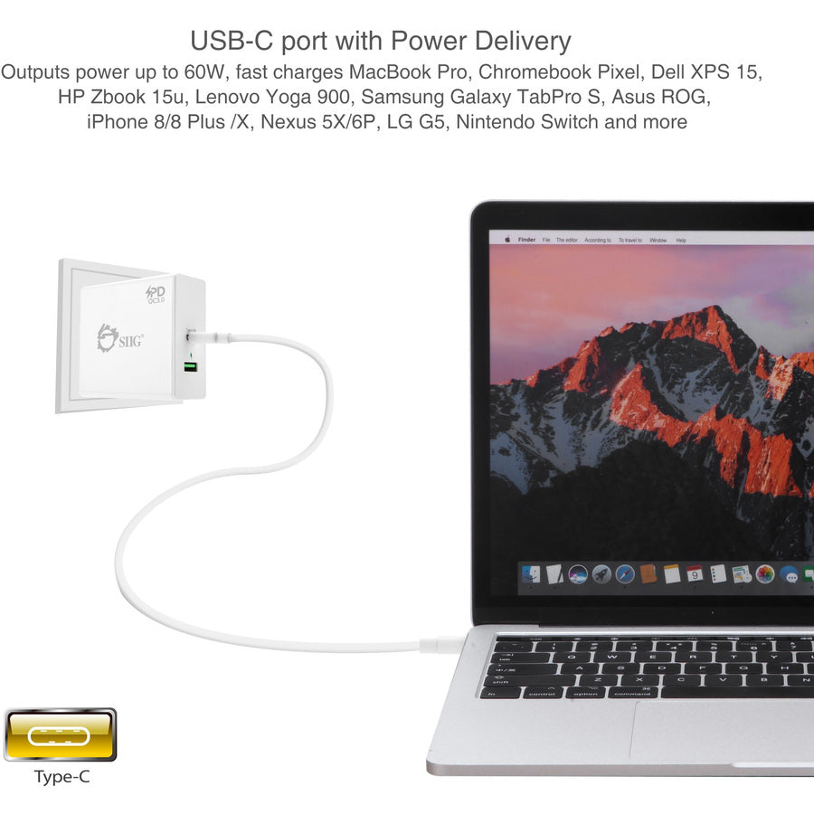 Siig 65W Usb-C Pd Charger Power Delivery With Qc3.0 Wall Charge