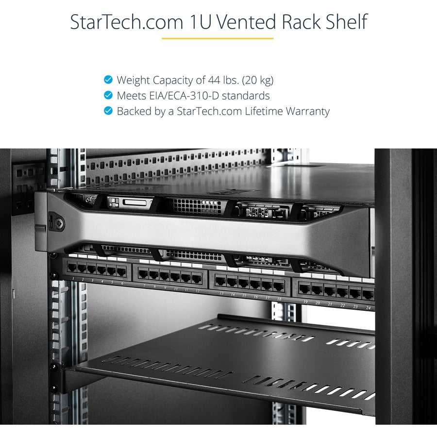 Startech.Com 1U Server Rack Shelf - Universal Vented Rack Mount Cantilever Tray For 19" Network Equipment Rack & Cabinet - Heavy Duty Steel – Weight Capacity 44Lb/20Kg - 16" Deep Shelf, Black