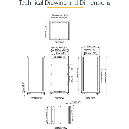 Startech.Com 25U Open Frame Server Rack - 4 Post Adjustable Depth (23" To 41") Network Equipment Rack W/ Casters/ Levelers/ Cable Management (4Postrack25U)