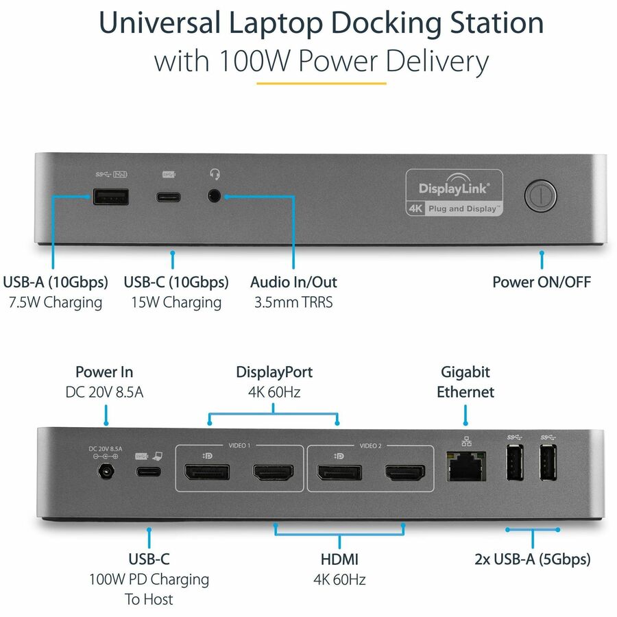 Startech.Com Usb-C & Usb-A Dock - Hybrid Universal Laptop Docking Station With 100W Power Delivery - Dual Monitor 4K 60Hz Hdmi & Displayport - 4X Usb 3.1 Gen 1 Hub, Gbe - Windows & Mac