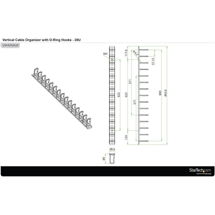 Startech.Com Vertical Cable Organizer With D-Ring Hooks - 0U - 3 Ft.