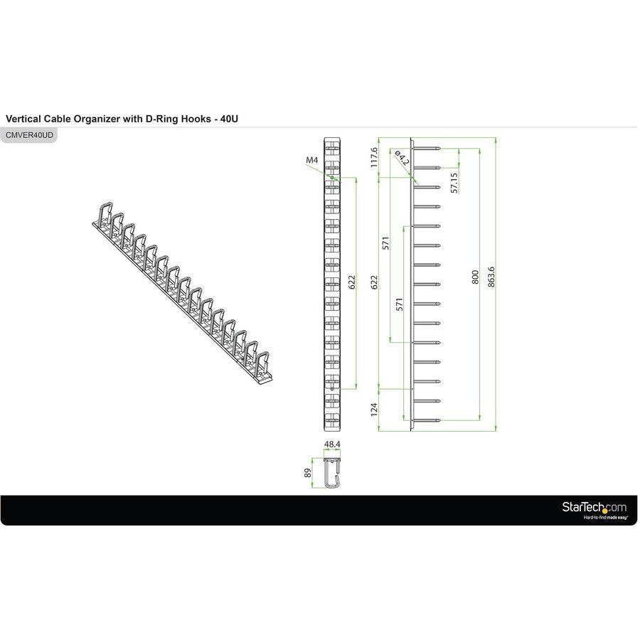 Startech.Com Vertical Cable Organizer With D-Ring Hooks - 0U - 6 Ft.