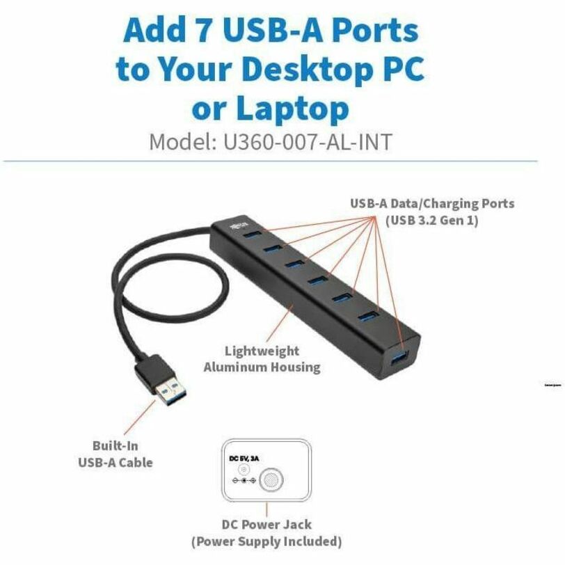Tripp Lite 7-Port Usb-A Mini Hub - Usb 3.2 Gen 1, International Plug Adapters, Aluminum Housing