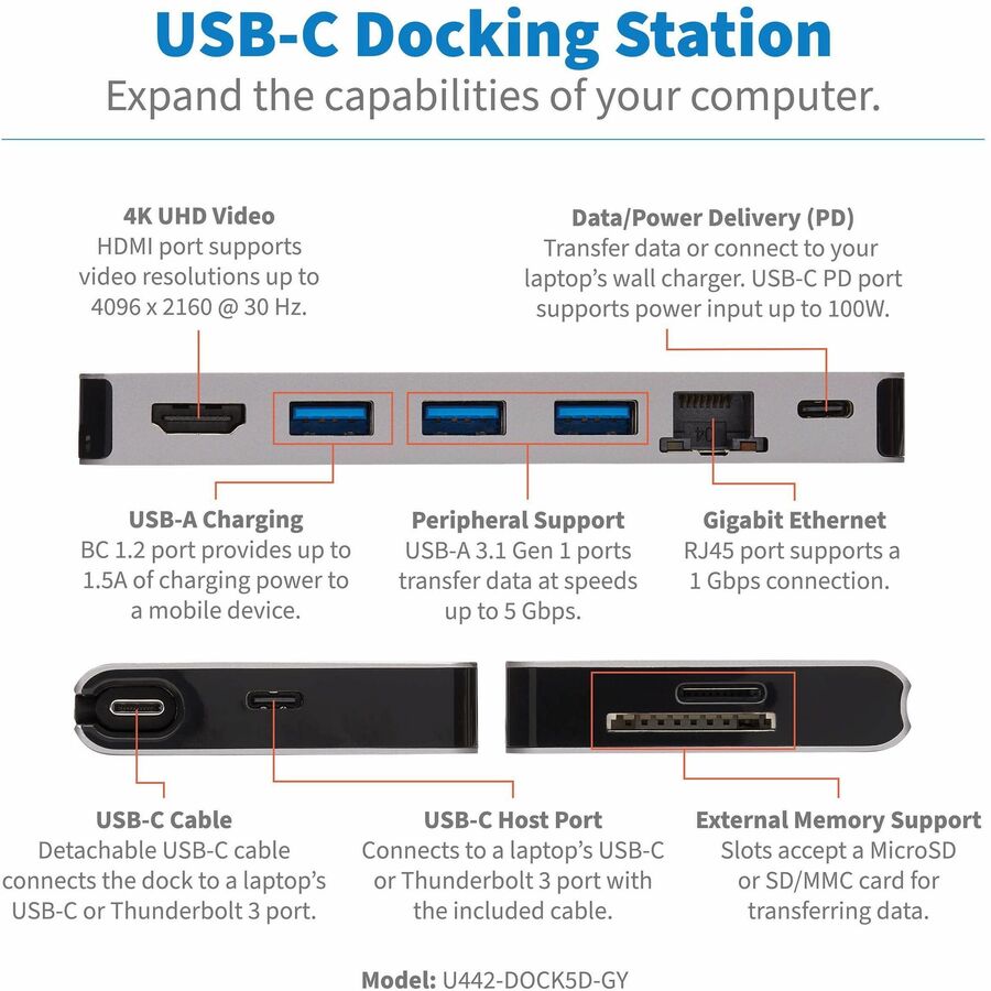 Tripp Lite U442-Dock5D-Gy Usb-C Dock - 4K Hdmi, Usb 3.2 Gen 1, Usb-A Hub, Gbe, Memory Card, 100W Pd Charging, Detachable Cord