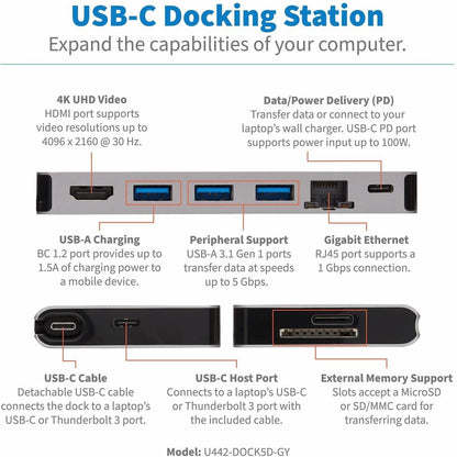 Tripp Lite U442-Dock5D-Gy Usb-C Dock - 4K Hdmi, Usb 3.2 Gen 1, Usb-A Hub, Gbe, Memory Card, 100W Pd Charging, Detachable Cord