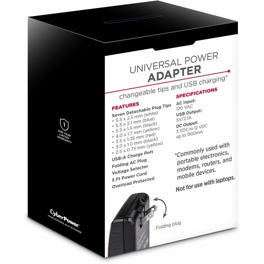 Universal Power Adapter 3-12V,1300Ma Ac Nema 5-15P Plug 1Yr Warr