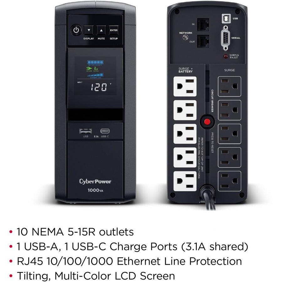 Cyberpower Cp1000Pfclcdtaa Uninterruptible Power Supply (Ups) 1 Kva 600 W 10 Ac Outlet(S)