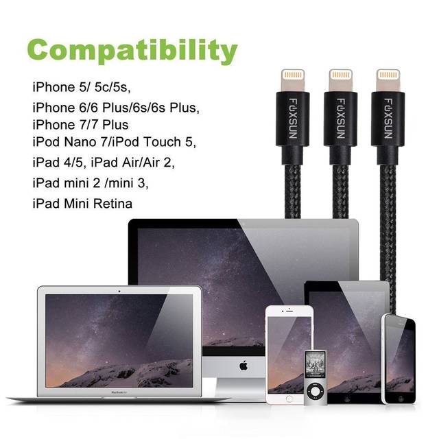 Foxsun Am001019 Iphone Charging Cable 3.3 Ft/1M Nylon Braided Lightning Cable For Iphone