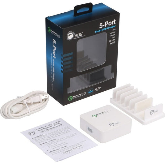 Siig 5-Port Smart Usb Charger Plus Organizer Bundle With Qc3.0 & Type-C - White