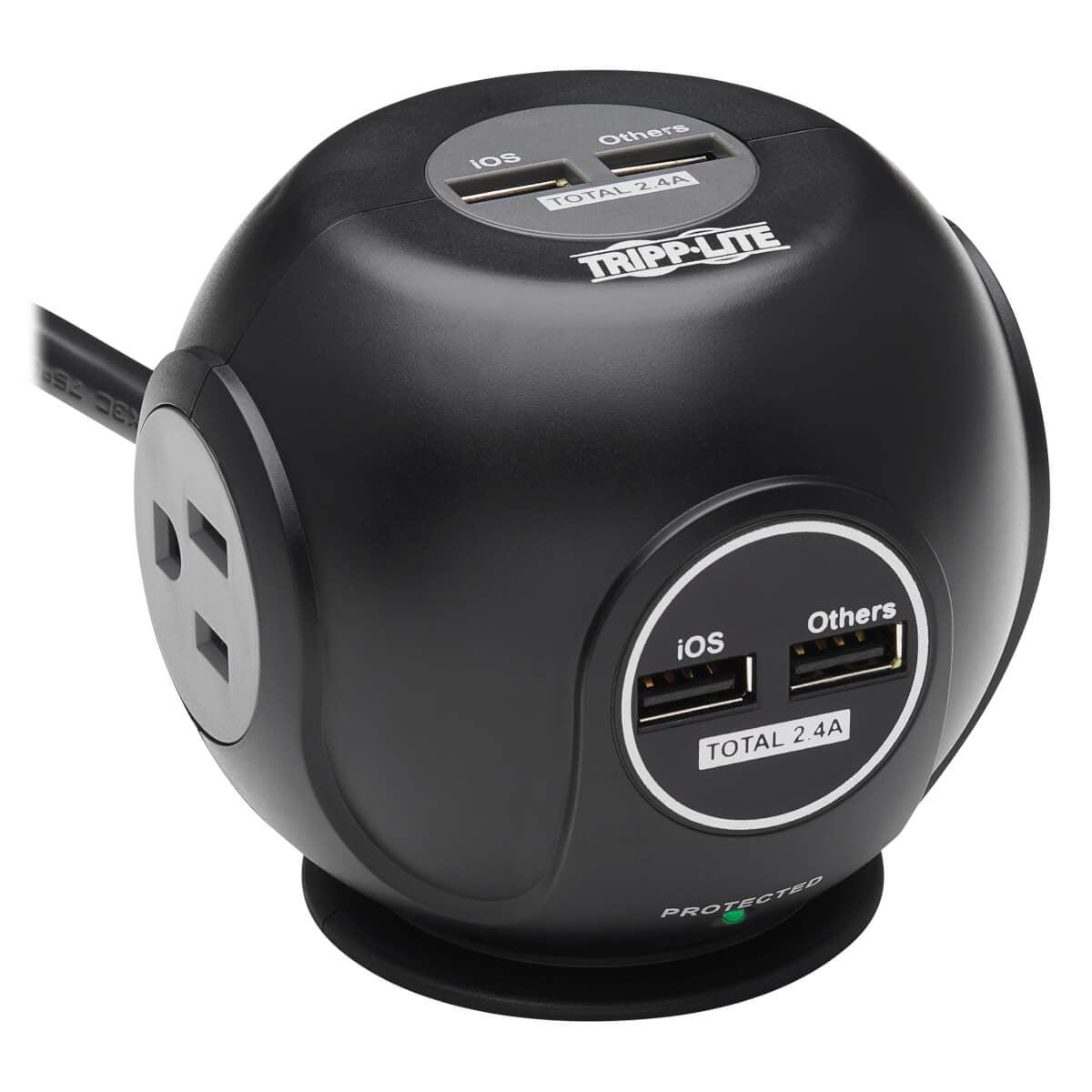 Tripp Lite 3-Outlet Spherical Surge Protector, 4 Usb Ports (4.8A Shared) - 6-Ft. (1.83 M) Cord, 5-15P Plug, 540 Joules, Black