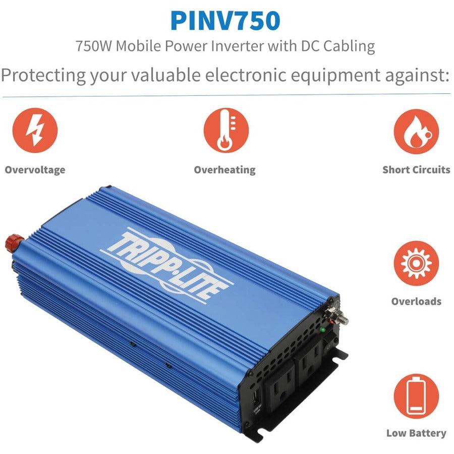 Tripp Lite 750W Light-Duty Compact Power Inverter With 2 Ac/1 Usb - 2.0A/Battery Cables, Mobile