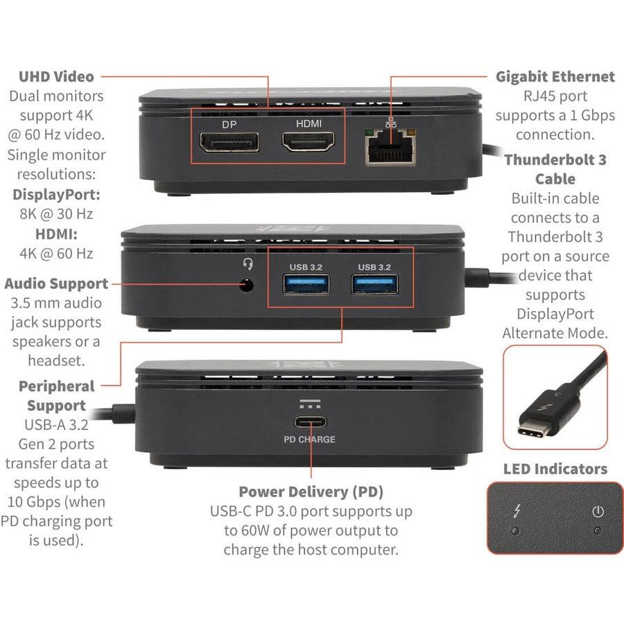 Tripp Lite Mtb3-Dock-04 Thunderbolt 3 Dual Monitor Docking Station - 8K/30Hz Displayport, 4K/60Hz Hdmi, Usb 3.1 Gen 2, Gbe, 60W Pd Charging - Black