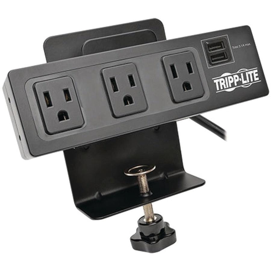 Tripp Lite Protect It! 3-Outlet Surge Protector With Desk Clamp, 10 Ft. Cord, 510 Joules, 2 Usb Charging Ports, Black Housing