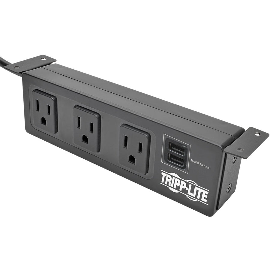 Tripp Lite Protect It! 3-Outlet Surge Protector With Mounting Brackets, 10 Ft. Cord, 510 Joules, 2 Usb Charging Ports, Black Housing