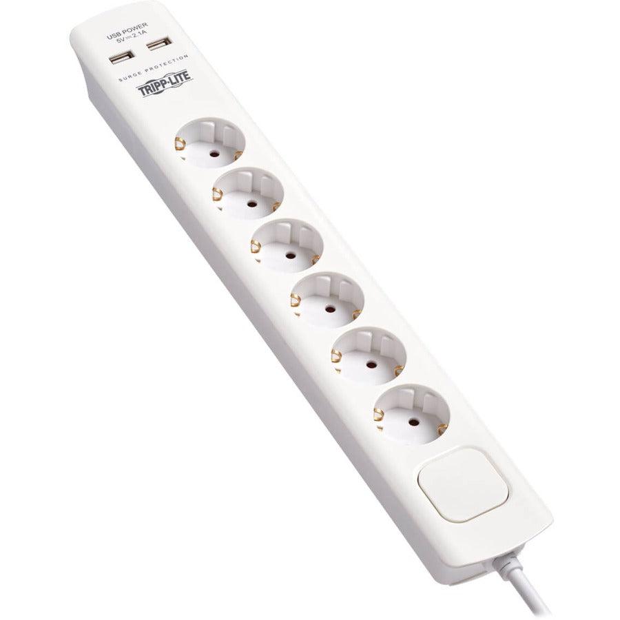 Tripp Lite Tlp6G18Usb 6-Outlet Surge Protector With Usb Charging - German Type F Schuko Outlets, 220-250V, 16A, Schuko Plug, White