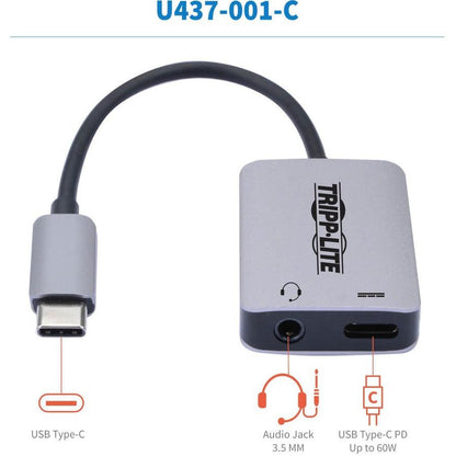 Tripp Lite U437-001-C Usb-C To 3.5 Mm Stereo Audio Adapter - Usb 3.1 Gen 1 (5 Gbps), Pd 3.0, Silver