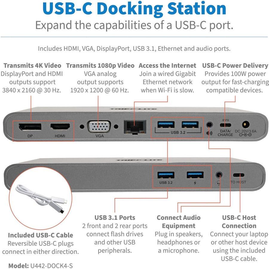 Tripp Lite U442-Dock4-S Usb-C Docking Station, Hdmi, Vga, Dp, Usb-A/C, Gbe, 100W Pd Charging, Power Supply Included – 4K @ 30 Hz, Thunderbolt 3, Silver