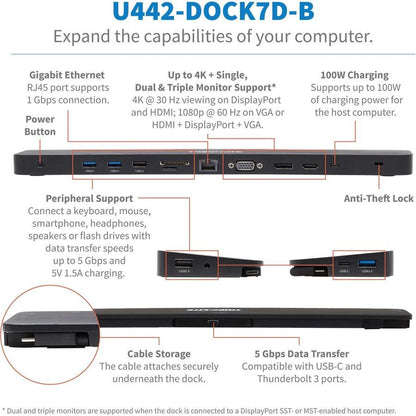 Tripp Lite U442-Dock7D-B Usb-C Dock, Triple Display - 4K Hdmi & Dp, Vga, Usb 3.2 Gen 1, Usb-A/C Hub, Gbe, 100W Pd Charging