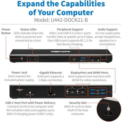 Tripp Lite Usb-C Dock, Dual Display - 5K 60 Hz Dp, 4K 60 Hz Hdmi, Usb 3.2 Gen 1, Usb-A/C Hub, Gbe, 85W Pd Charging